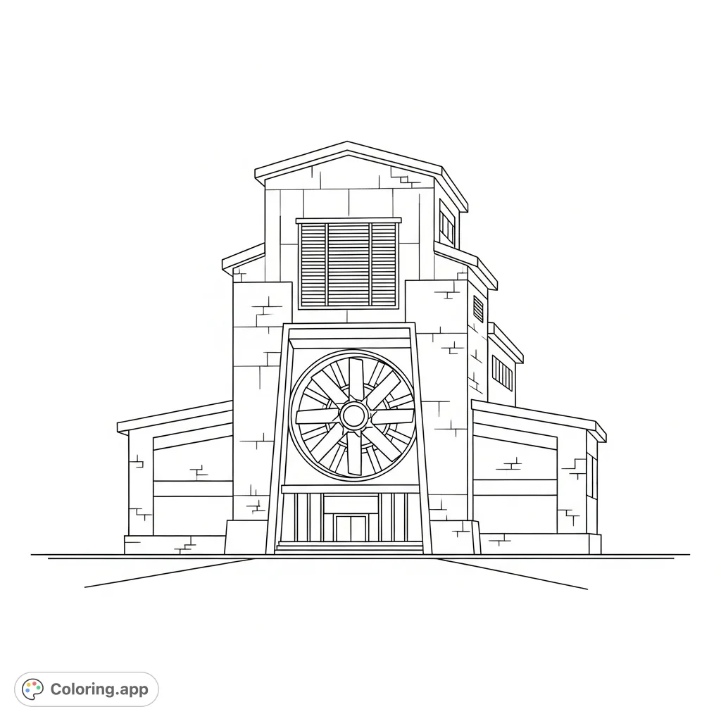 Discover a detailed yet simplified mine ventilation shaft building featuring a prominent, multi-bladed fan. Perfect for industrial enthusiasts and all ages!