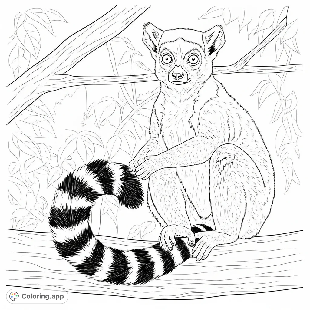 A detailed coloring page featuring a ring-tailed lemur sitting upright on a branch, its iconic striped tail curled gracefully around its body.