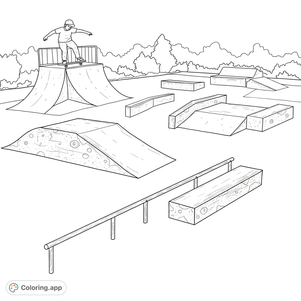 Dynamic skate park coloring page featuring a skateboarder on a ramp, rails, and various obstacles. Perfect for urban sports enthusiasts.