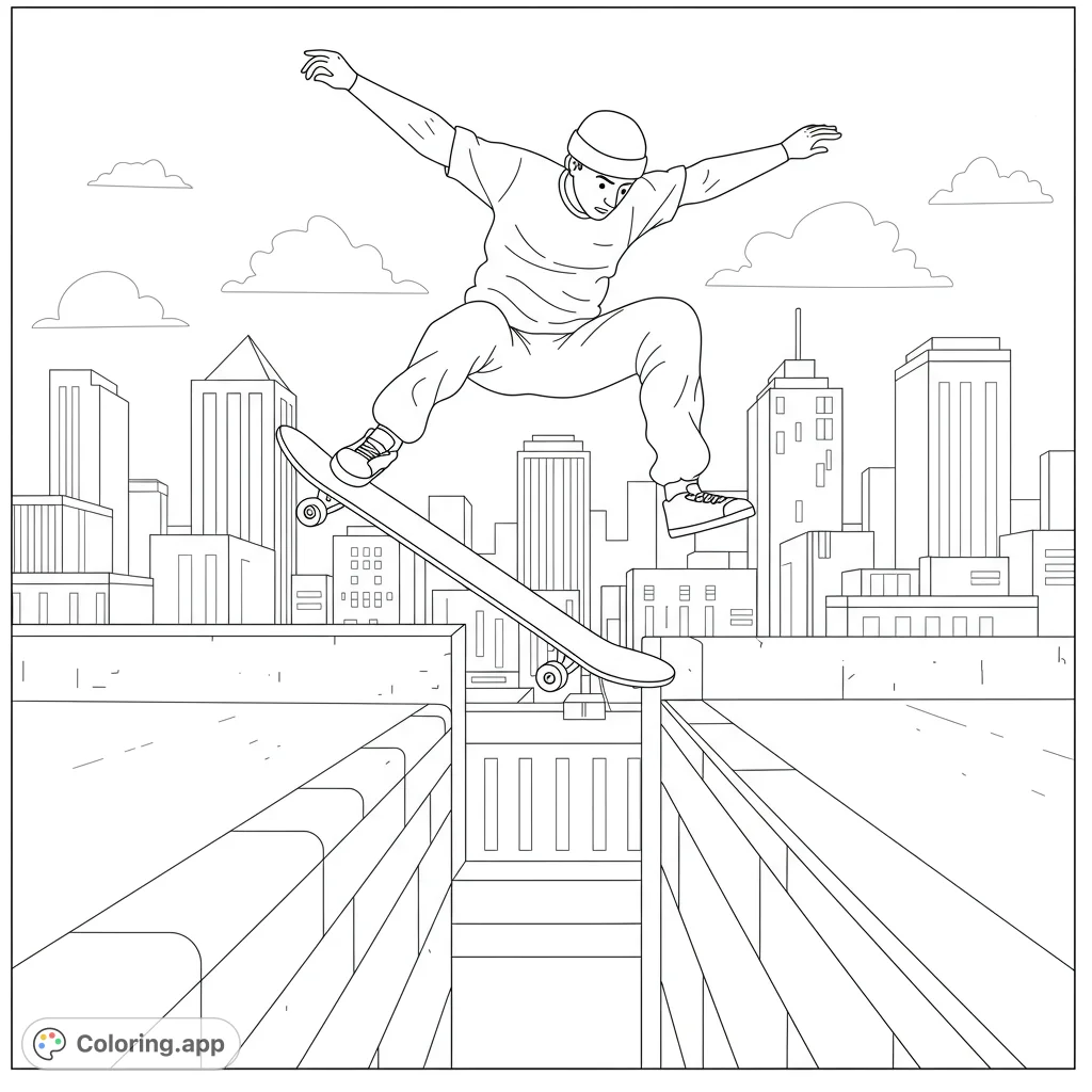 Dynamic skateboarder mid-air over city gap. A thrilling urban sports scene with a detailed cityscape, perfect for a free printable coloring page.
