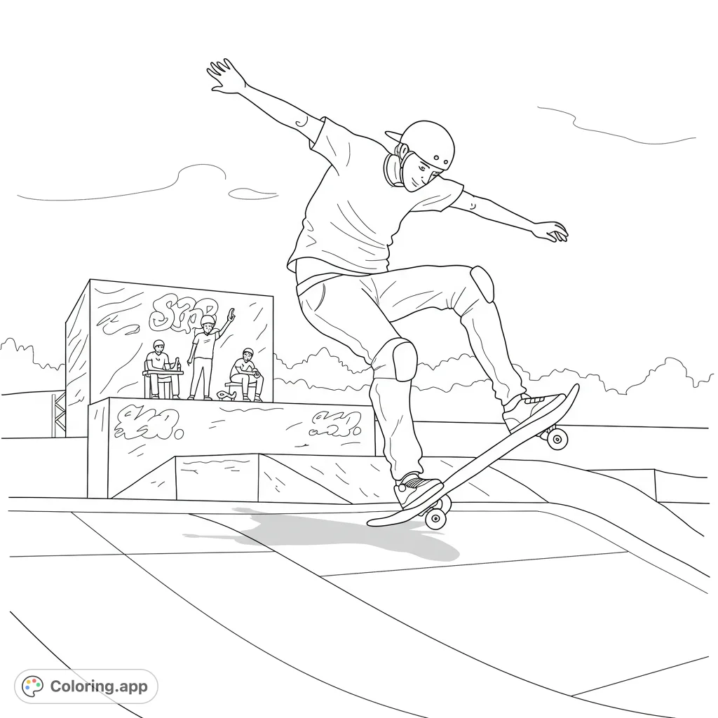 Dynamic skateboarding coloring page featuring a mid-air trick at a vibrant skate park. A free printable coloring page for all ages.