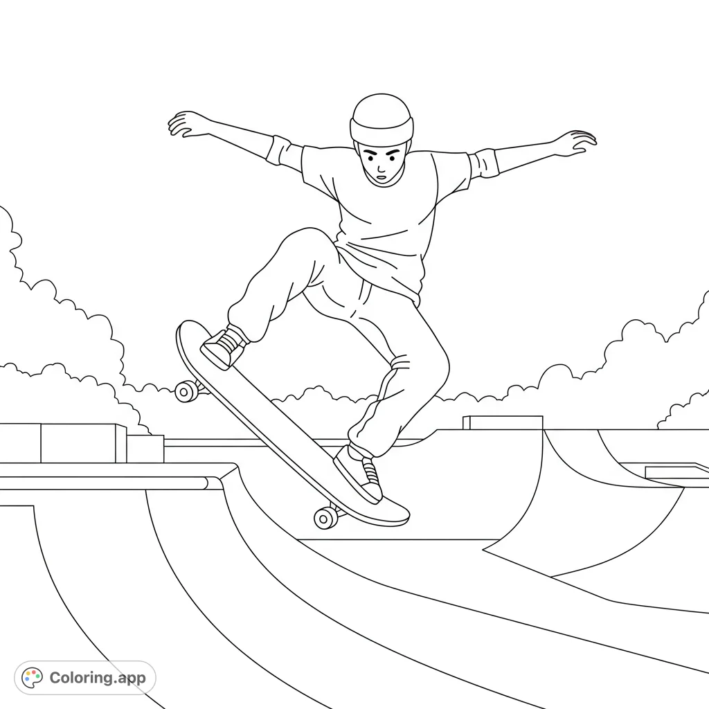 Dynamic skateboarder in mid-air at a vibrant skatepark, perfect for a free printable coloring page. An exciting extreme sports coloring page for all ages.