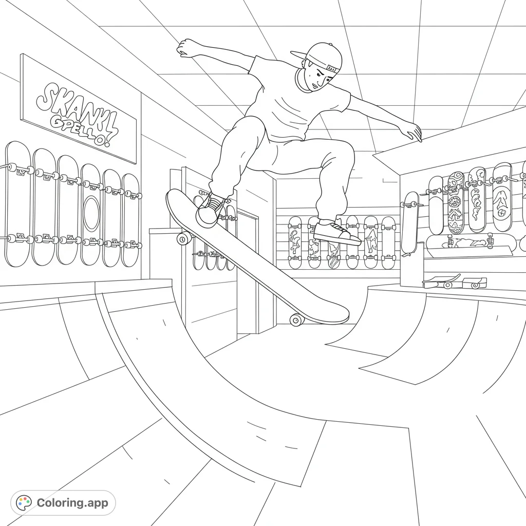 Dynamic skateboarding action in a skate park, featuring a young rider mid-air over a ramp, surrounded by displayed skateboards.