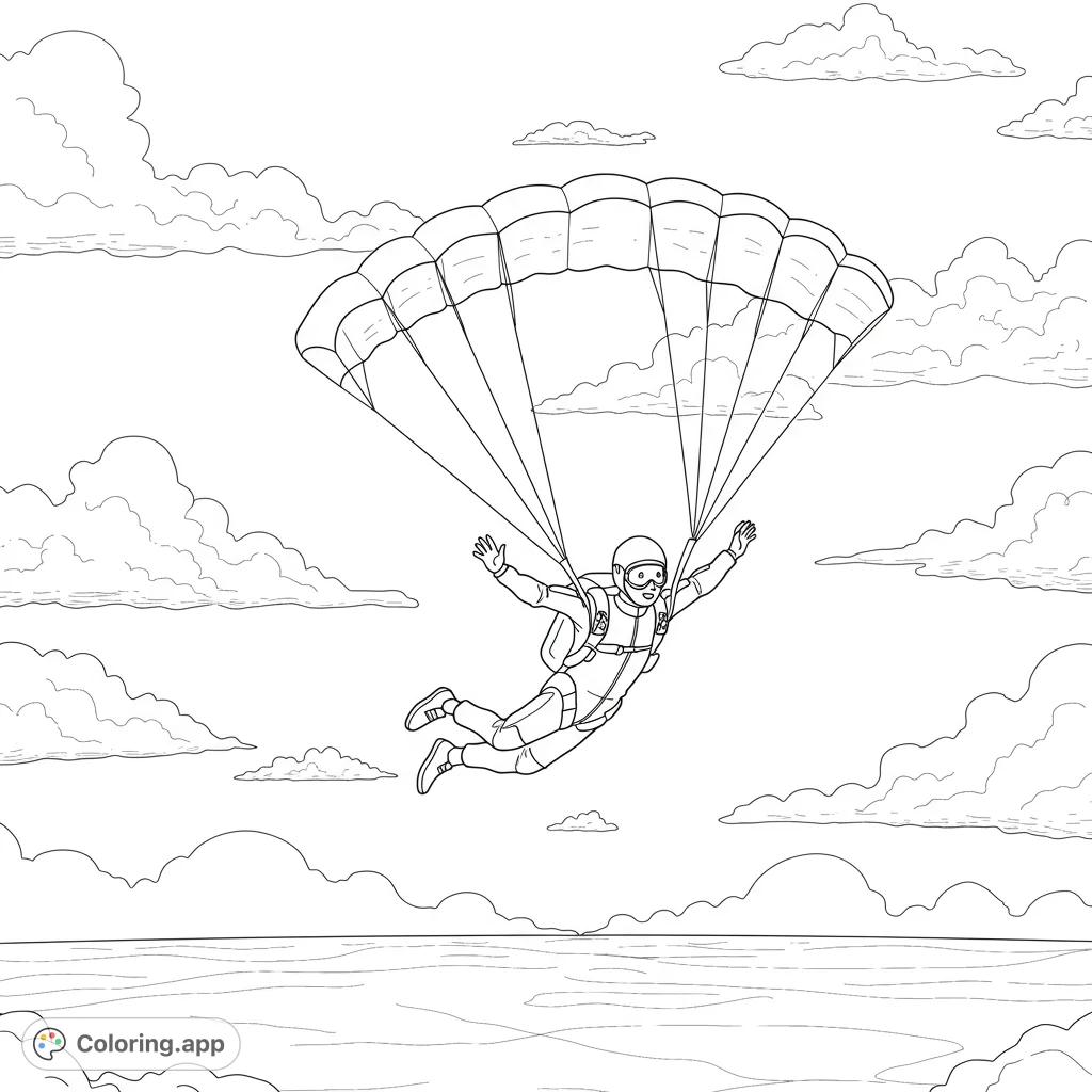 Experience the thrill of a skydiving adventure! This free printable skydiving coloring page features a skydiver with a parachute over the ocean.