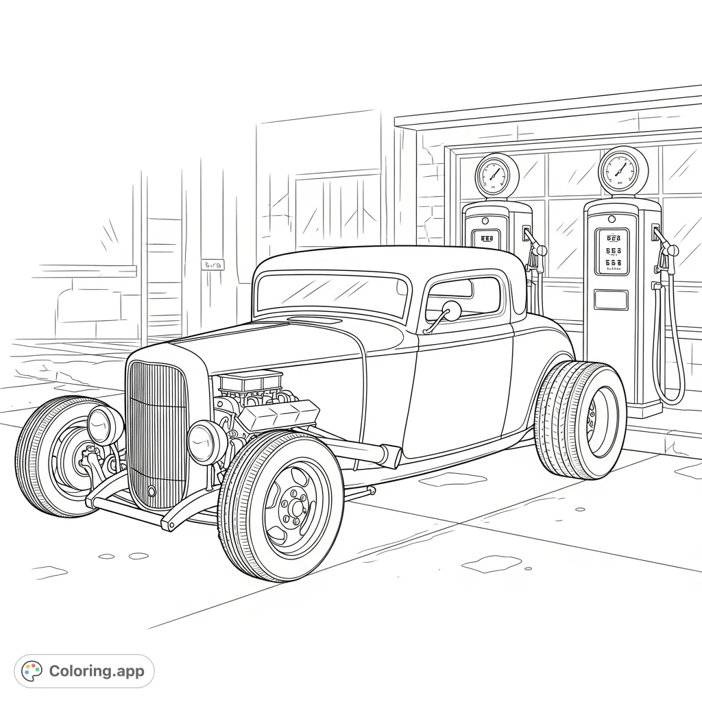 Color a classic slammed hot rod coupe with deep-dish wheels, parked next to vintage gas pumps. A detailed scene for car enthusiasts and advanced colorists.