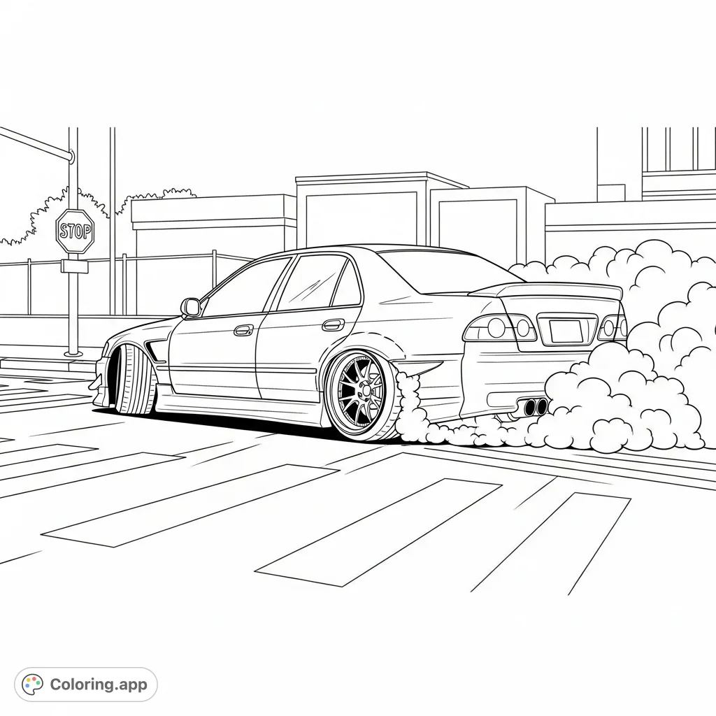 Experience the thrill of a street racer sedan mid-drift, kicking up smoke in a dynamic city intersection. Intricate car and urban details await your creative touch.