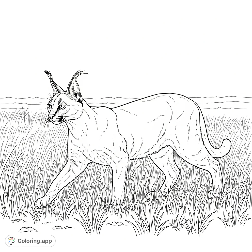 A majestic caracal strides through a vast field of dry, textured grass, its sleek body and distinctive tufted ears captured in an elegant pose.