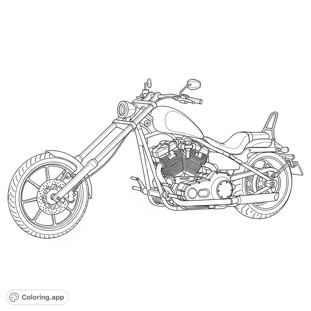 Detailed chopper-inspired cruiser coloring page with a long fork, minimalist rear section, and clean outlines, perfect for motorcycle enthusiasts.
