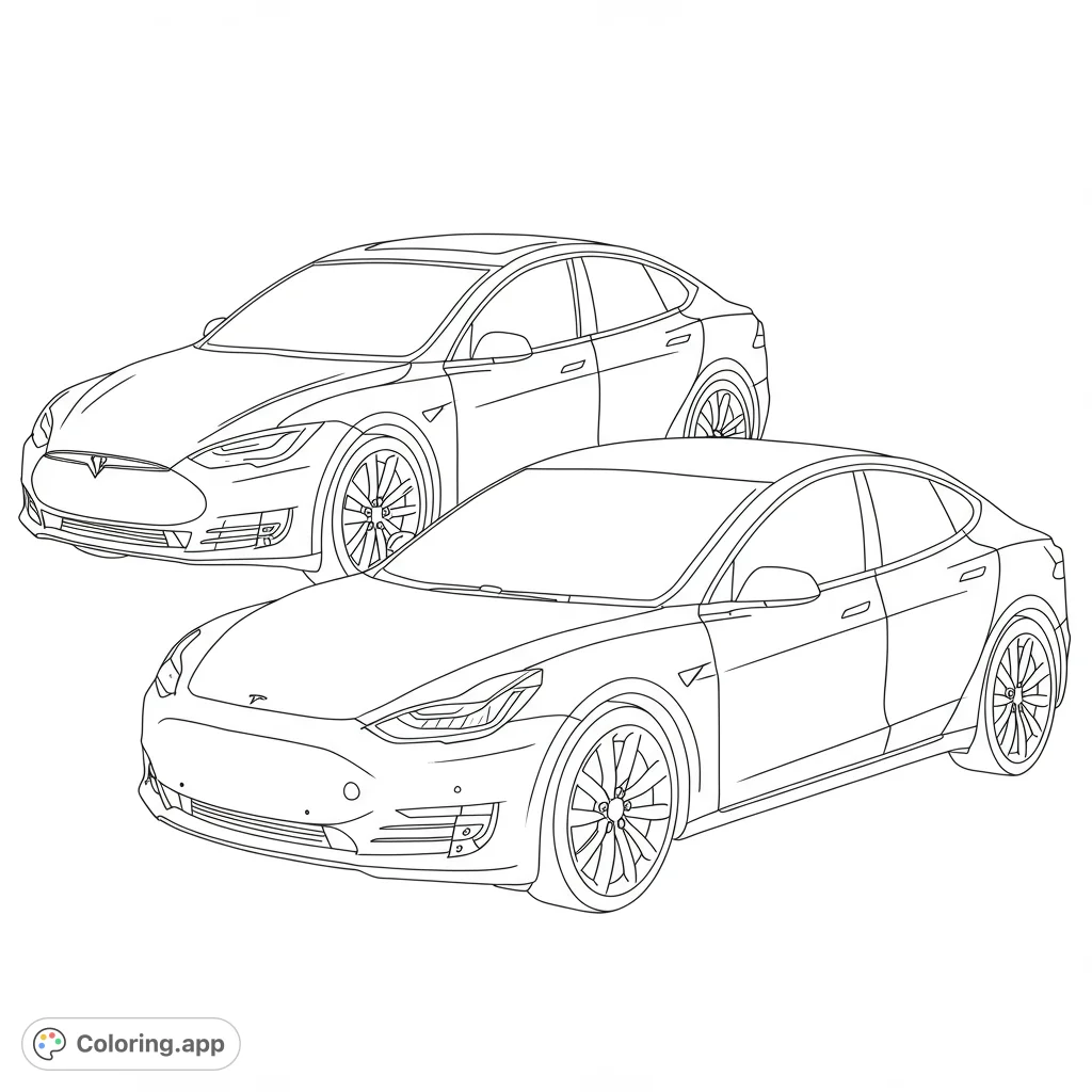 Color two modern electric sedans in this detailed vehicle coloring page. Perfect for car enthusiasts and a free printable coloring page for all ages.