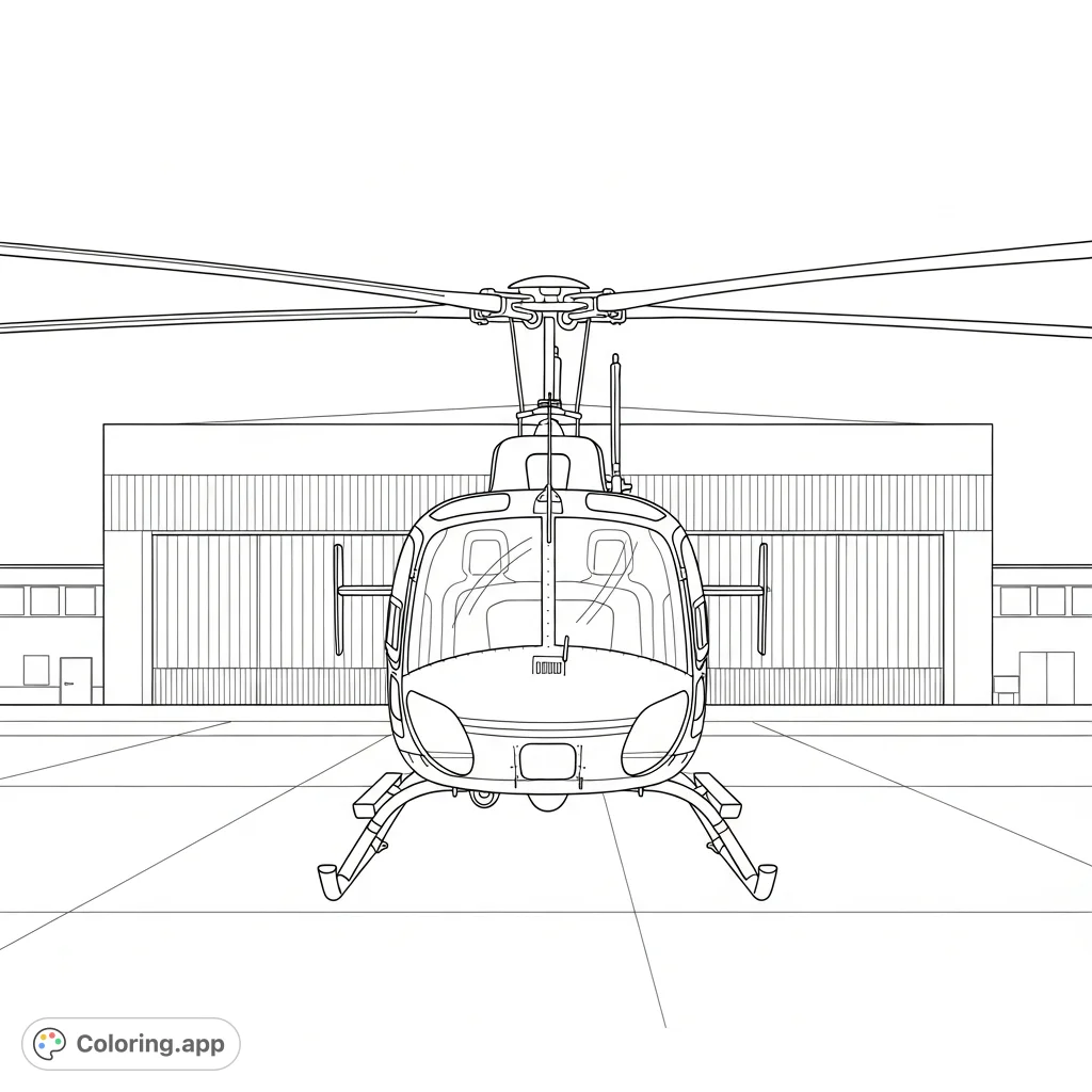 Color a modern helicopter parked impressively before a large hangar. A perfect scene for aviation enthusiasts with clean, distinct structural lines.
