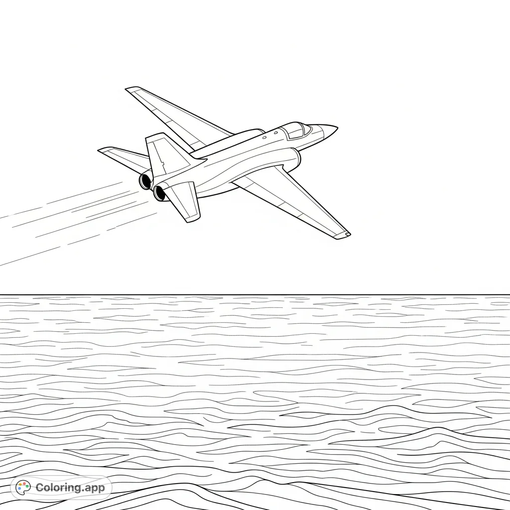 A powerful jet with swept-back wings gracefully soars high above a vast, serene ocean, where gentle waves are depicted with smooth, flowing lines, offering an exhilarating scene.