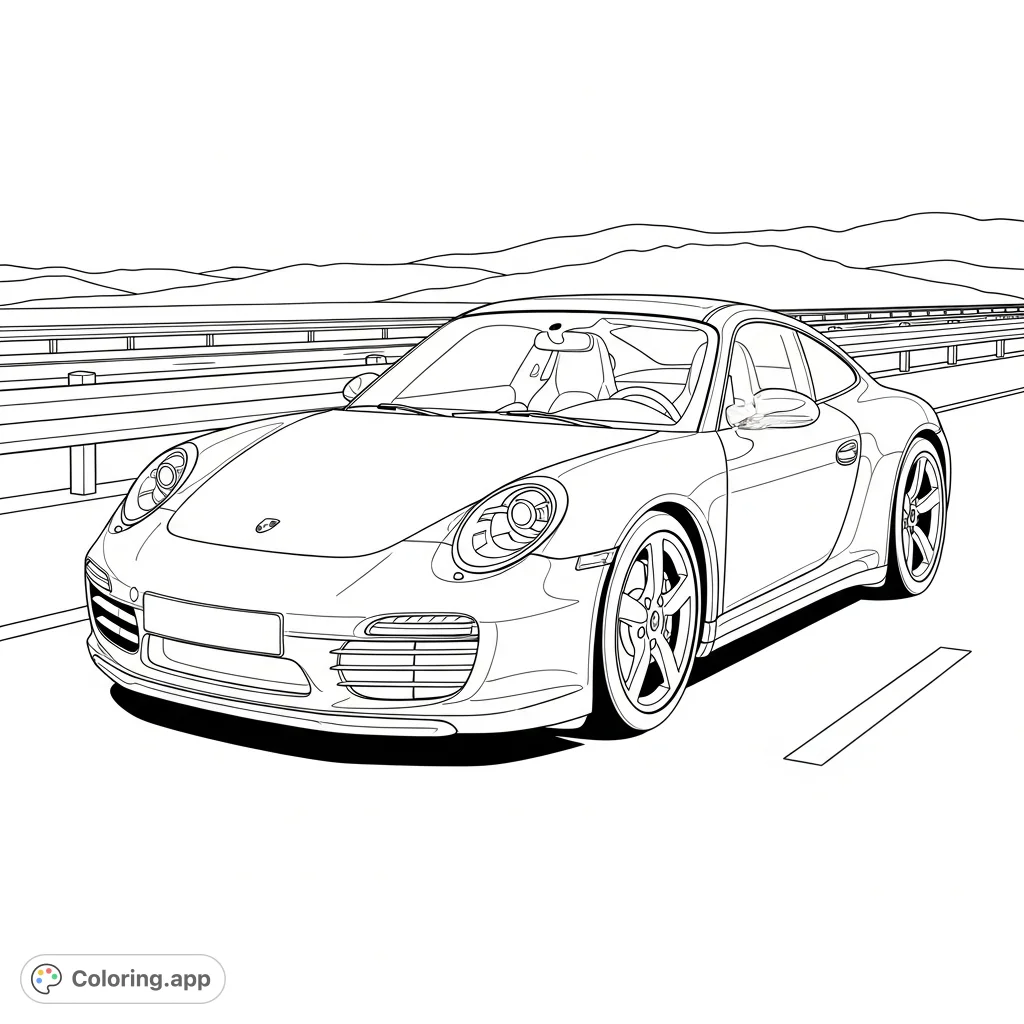 A detailed coloring page depicting a high-performance sports coupe, resembling a Porsche Carrera, speeding down a highway. Features intricate car details and a dynamic background.