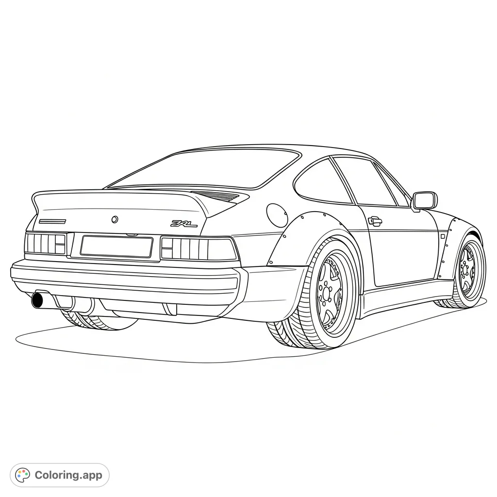 A dynamic rear three-quarter view of a powerful sports coupe with wide fenders and intricate details. Perfect for car enthusiasts of all ages.