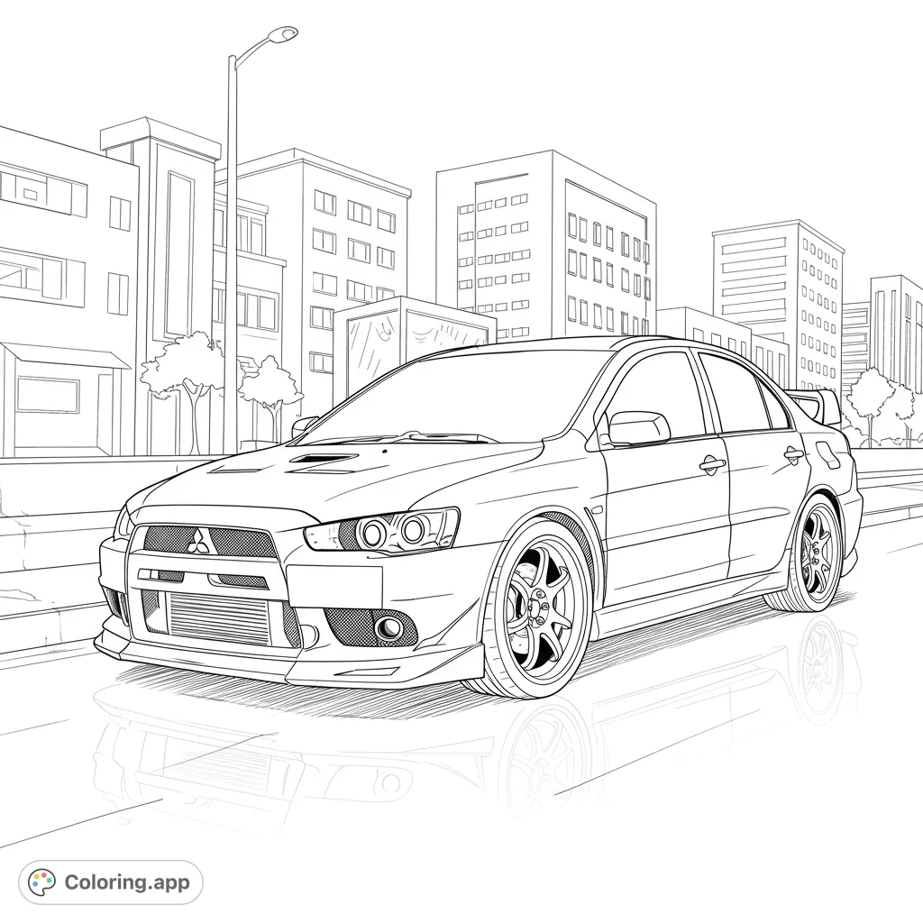 Color a dynamic sports sedan on a city street. Features a detailed car with urban buildings and a street lamp, perfect for car enthusiasts.