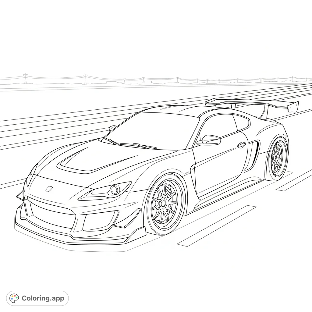 Color a dynamic street racing coupe with aerodynamic features, intricate wheels, and underglow lighting, speeding down a minimal highway.