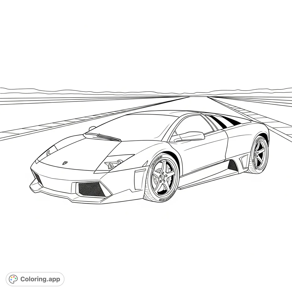 A detailed supercar coloring page on a racetrack, featuring aggressive lines, large wheels, and a dynamic setting. Perfect for car enthusiasts.