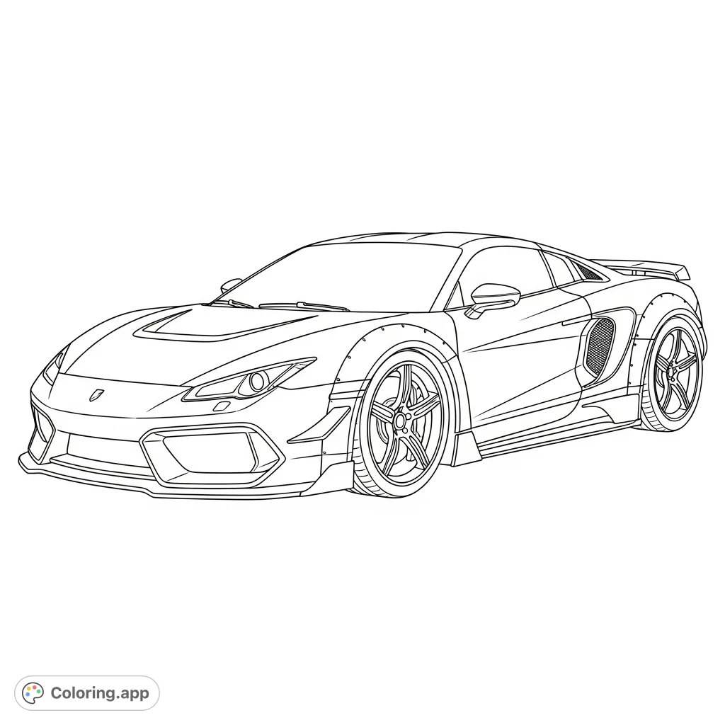 Experience the thrill of speed with this detailed supercar coloring page. Featuring a wide stance, sleek lines, and bold intakes for a dynamic feel.