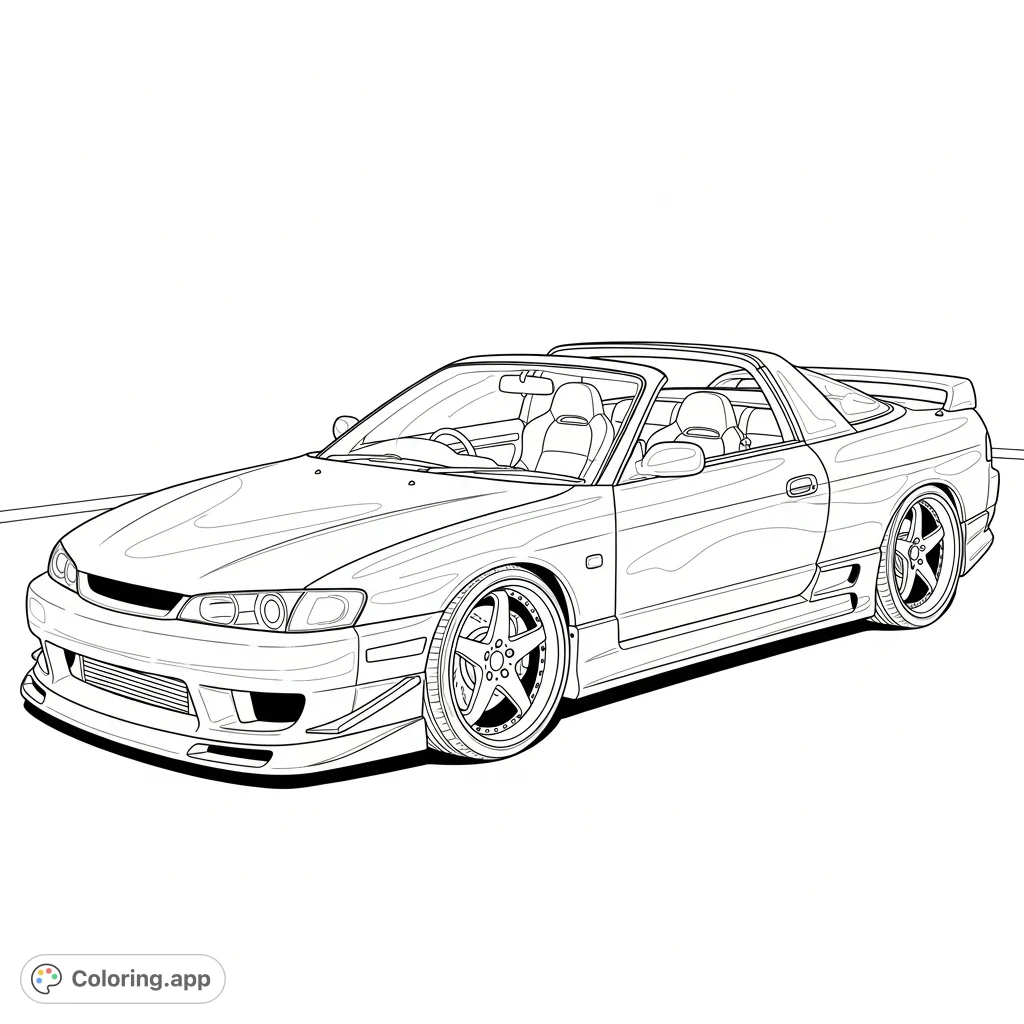 Color a detailed tuner coupe with its targa roof removed, featuring custom wheels, body kit, and simplified reflections for an engaging automotive design.