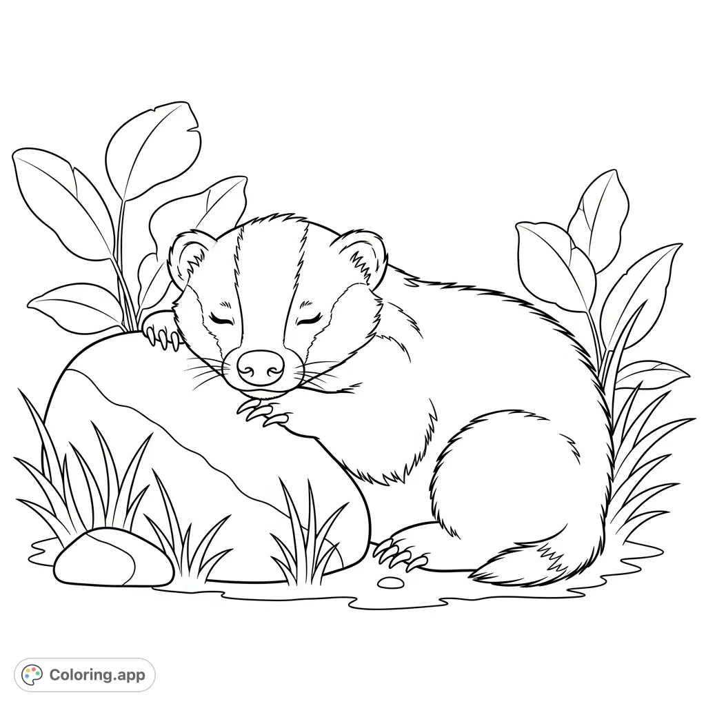 A heartwarming coloring page featuring a peaceful baby badger napping beside a smooth rock, surrounded by simplified grass and plants. Perfect for relaxation.