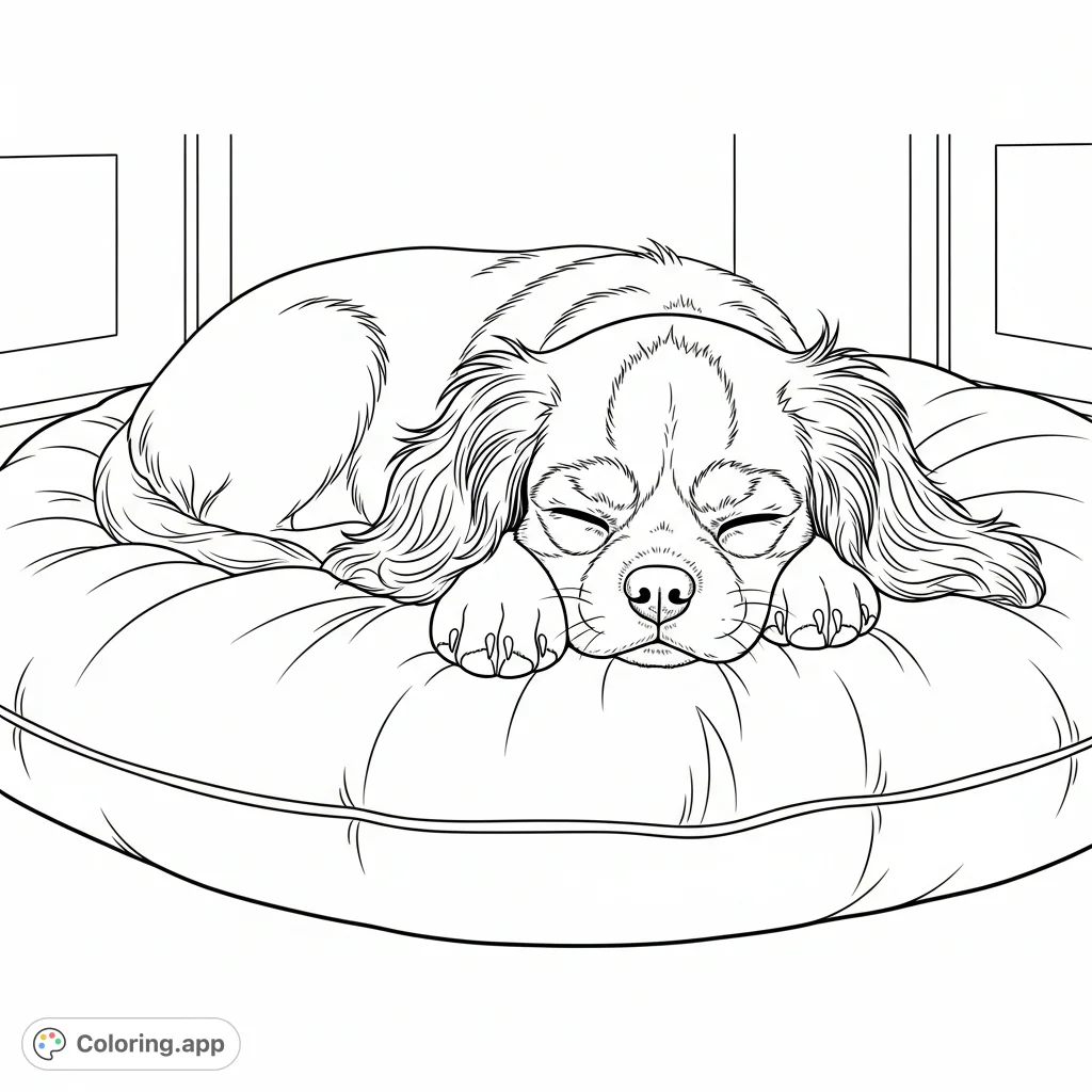 A sweet Cavalier puppy peacefully sleeping on a soft cushion. Features detailed fur textures and gentle folds, perfect for a relaxing coloring experience.