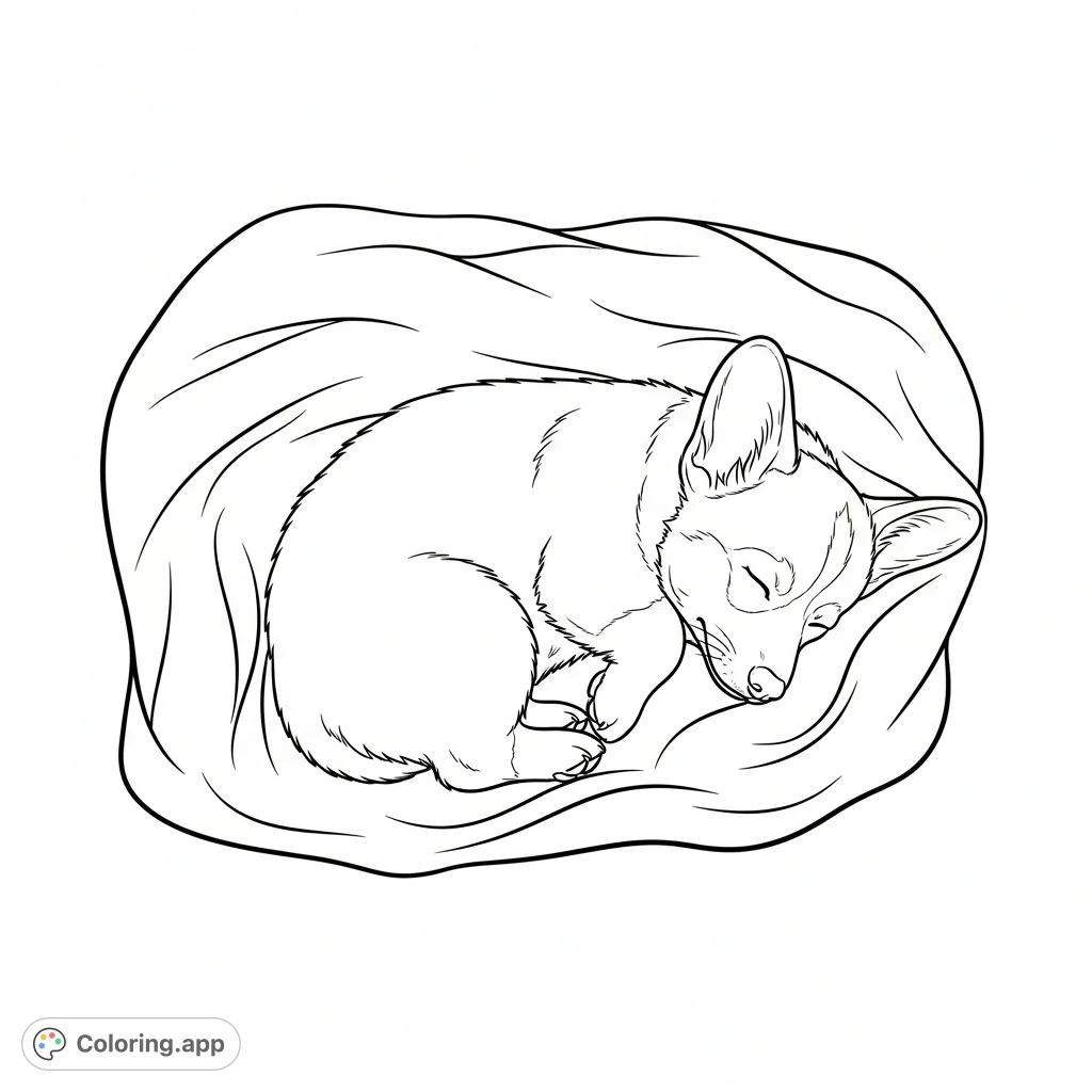 A peaceful corgi puppy is curled up and fast asleep within soft blanket folds. This heartwarming scene offers a delightful coloring experience.