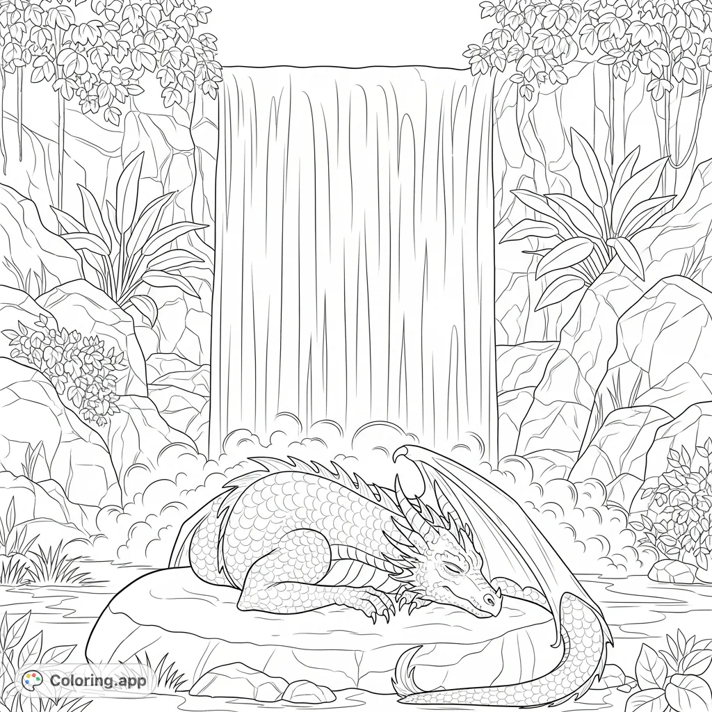 A serene coloring page featuring a majestic dragon resting peacefully beside a cascading waterfall, surrounded by lush rocks and delicate mist.