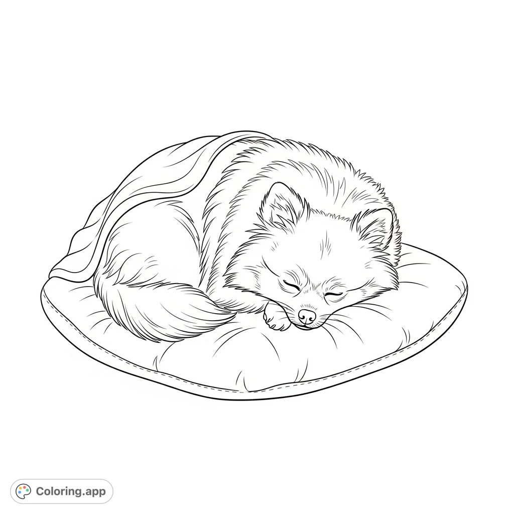 A fluffy Pomeranian dog curled into a tight, sleeping ball on a plush, tufted cushion with minimal blanket folds, creating a serene and cozy scene.