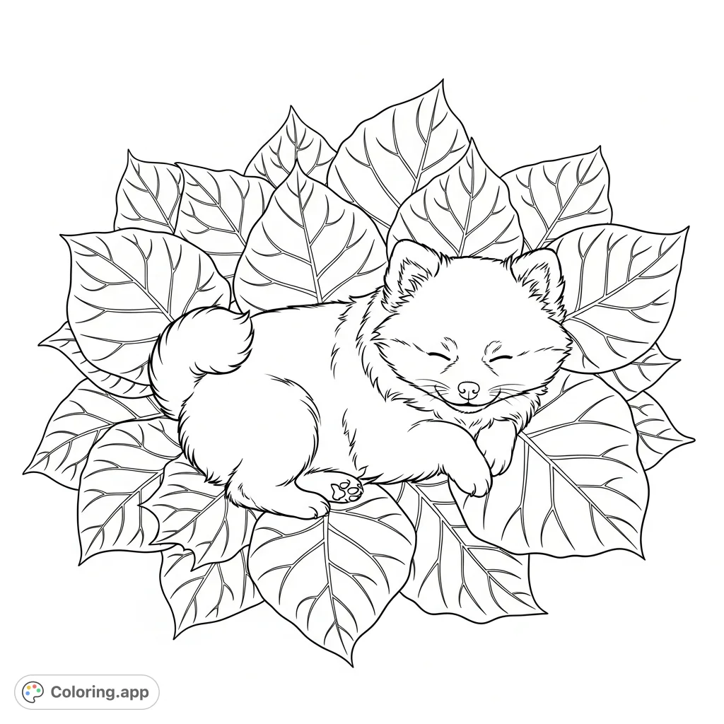 A charming Pomeranian puppy peacefully sleeps nestled among large, intricately veined autumn leaves, creating a cozy and serene fall scene for coloring.