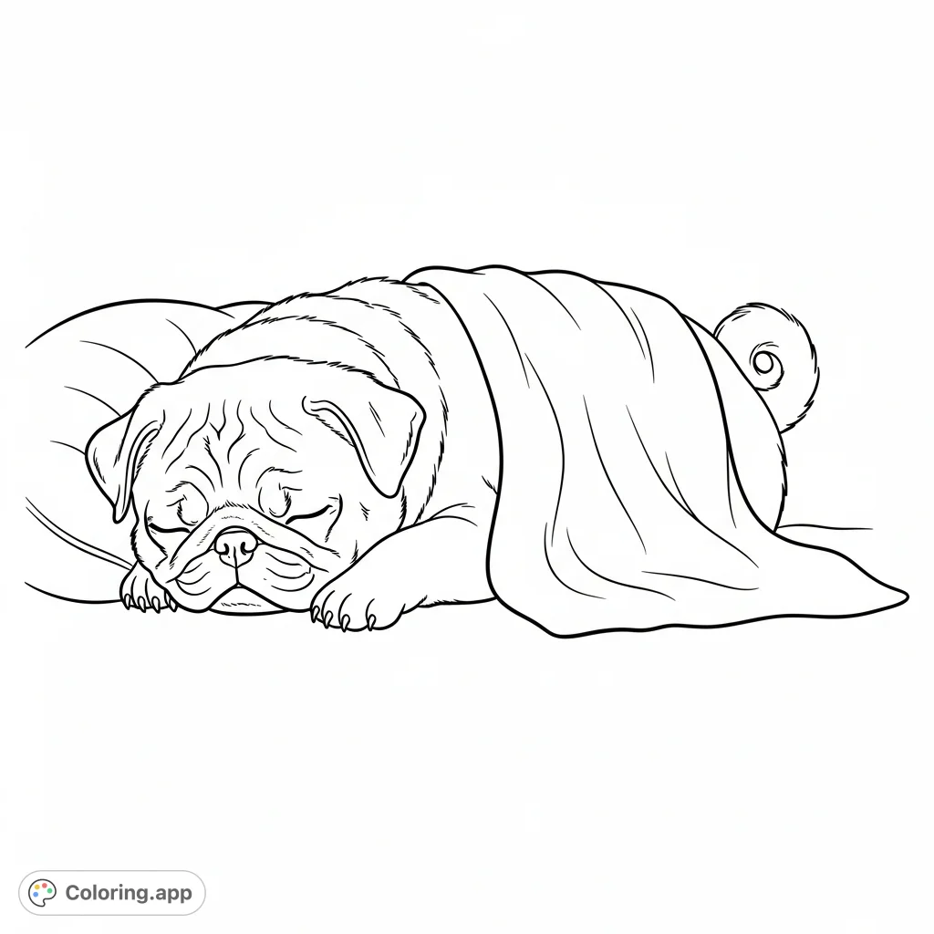 A heartwarming coloring page featuring a peaceful pug puppy curled up on a soft cushion under a blanket. Perfect for relaxation and animal lovers.