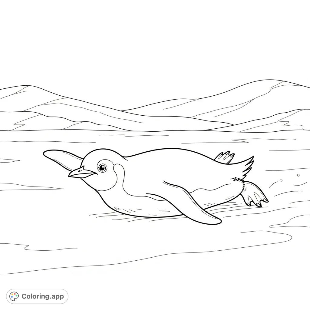 A delightful coloring page featuring a playful penguin sliding on its belly across a smooth ice expanse, set against snowy hills.