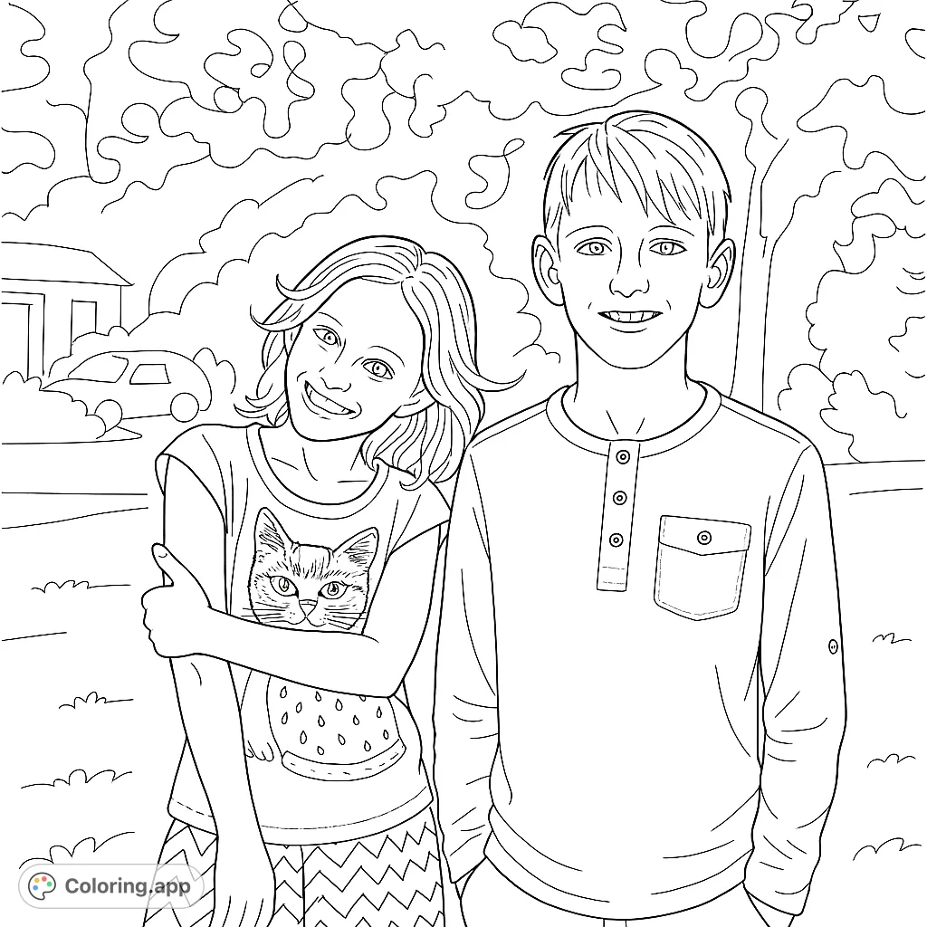 A cheerful black and white line drawing of two smiling children, a boy and a girl, standing outdoors with a house and car in the background. Perfect for family-themed coloring.