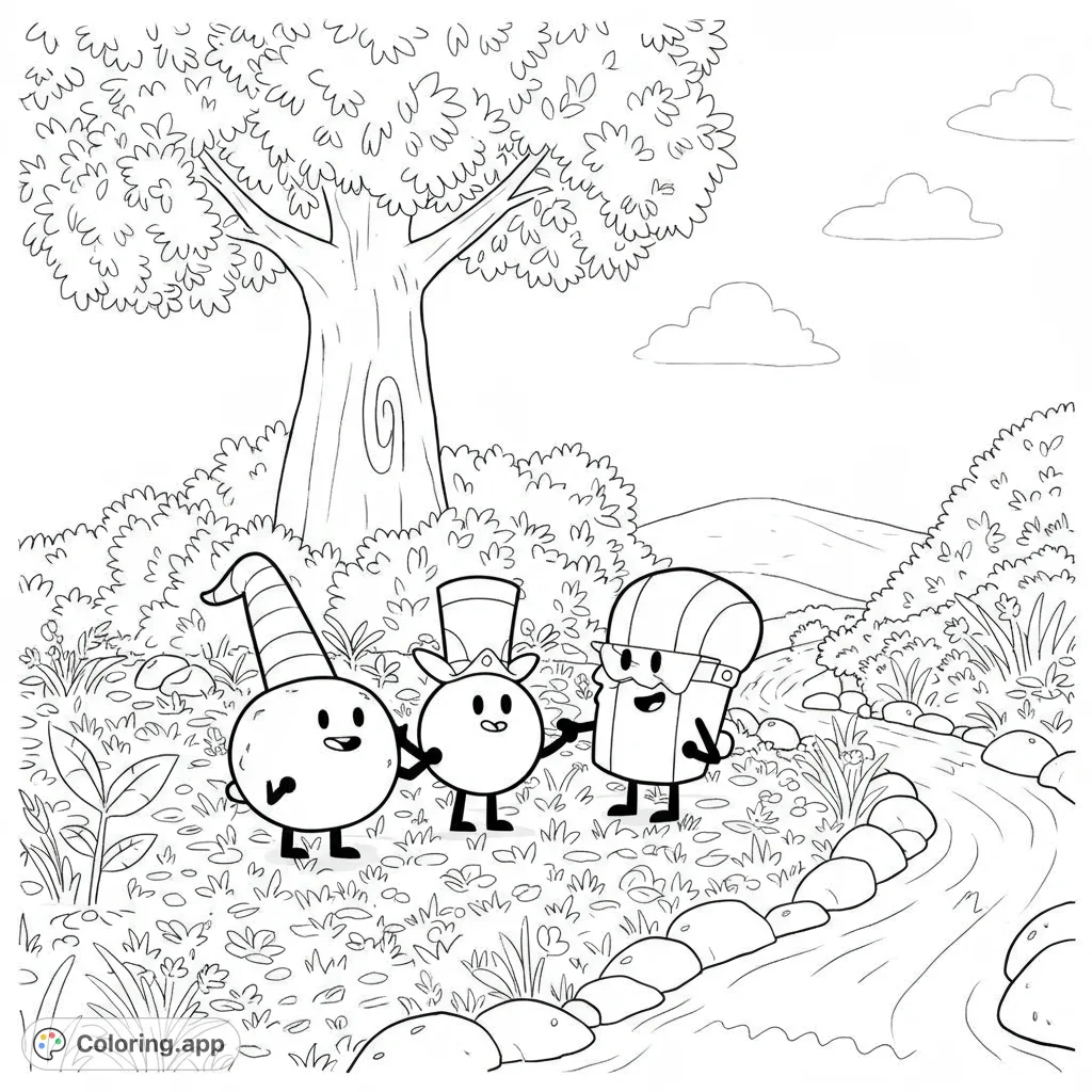 Explore a fun Battle for Dream Island coloring page featuring Snowball and Saw in a charming nature scene with a stylized tree, stream, and leaf patterns.