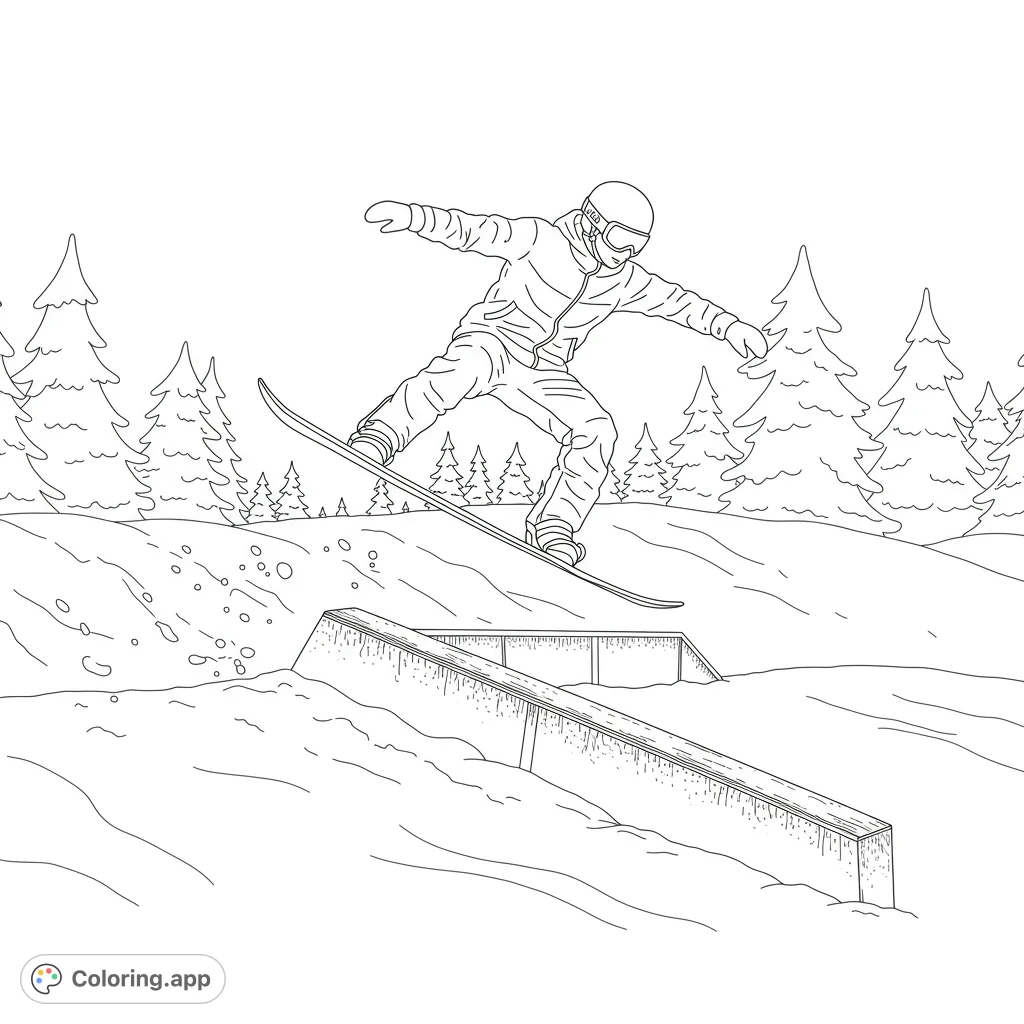 Dynamic snowboarder in mid-air over a rail, set against a snowy mountain landscape with evergreen trees. A thrilling winter sports scene.