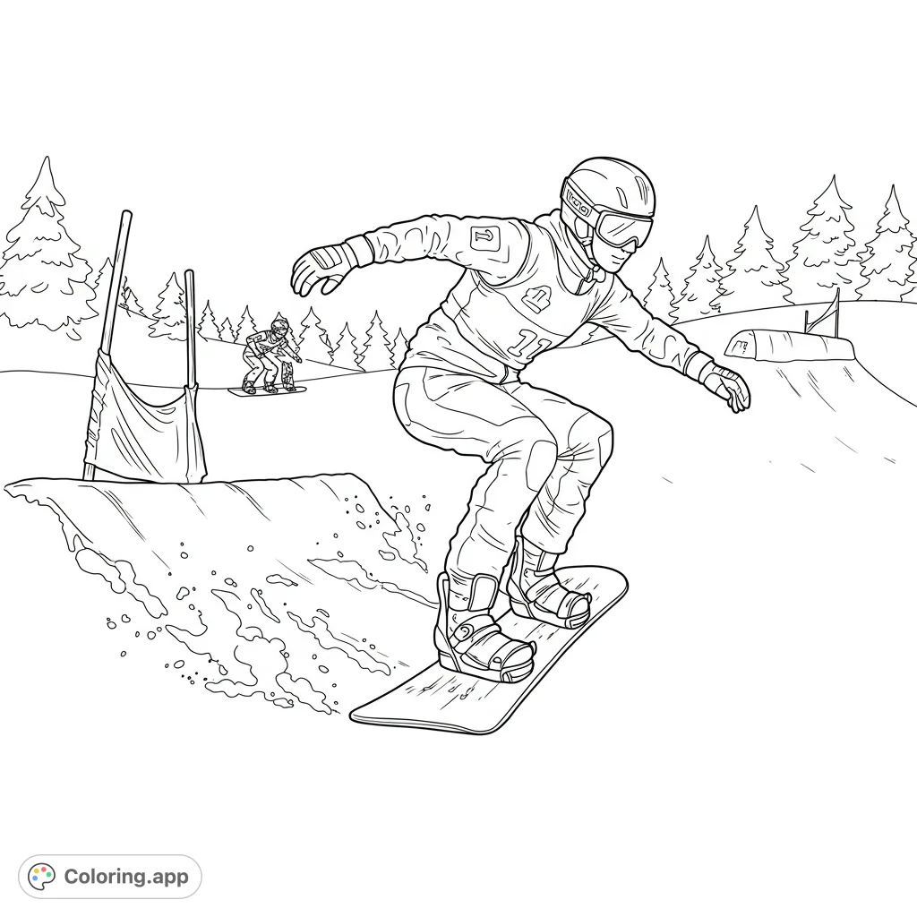 Dynamic snowboarder soaring mid-air over a snowy ramp, with a second rider and pine trees in the background. Perfect for winter sports enthusiasts!