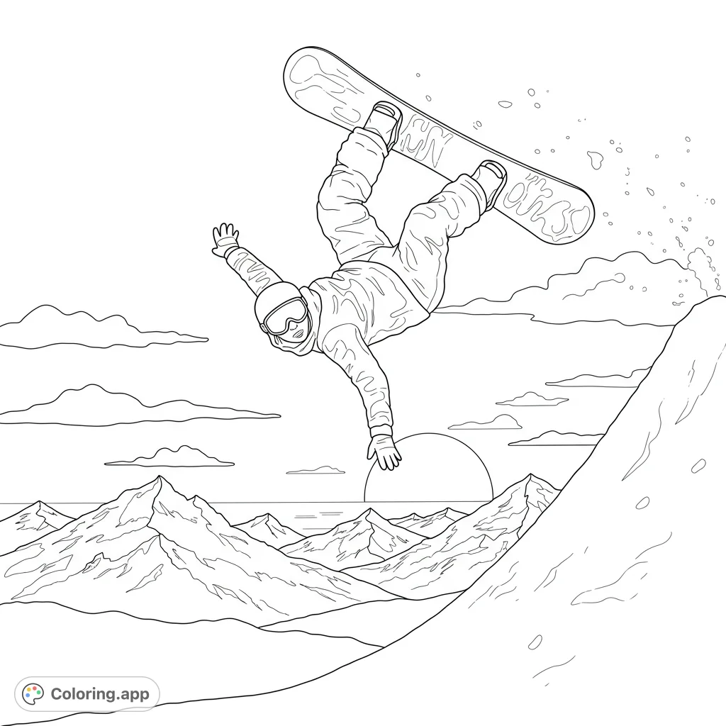 Dynamic snowboarder mid-air over a majestic mountain range with a setting sun, perfect for an extreme sports coloring page adventure.
