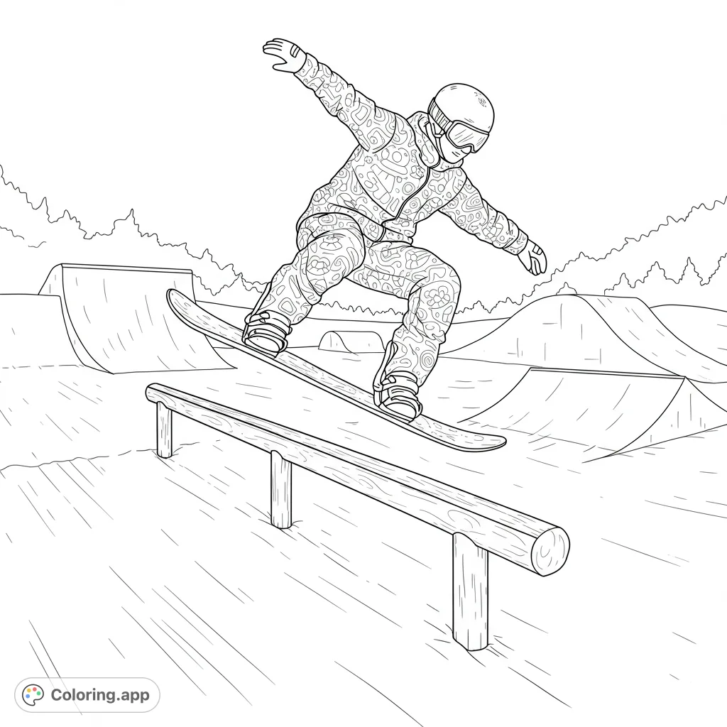 Dynamic snowboarder grinds a rail in a snow park, surrounded by ramps and jumps. A thrilling winter sports scene for all ages to color!