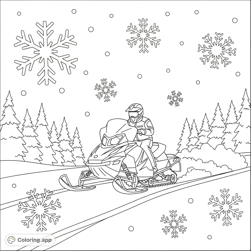 Experience a thrilling snowmobile ride! This page features a snowmobile with a rider, speeding through a snowy landscape with falling flakes and simplified trees.