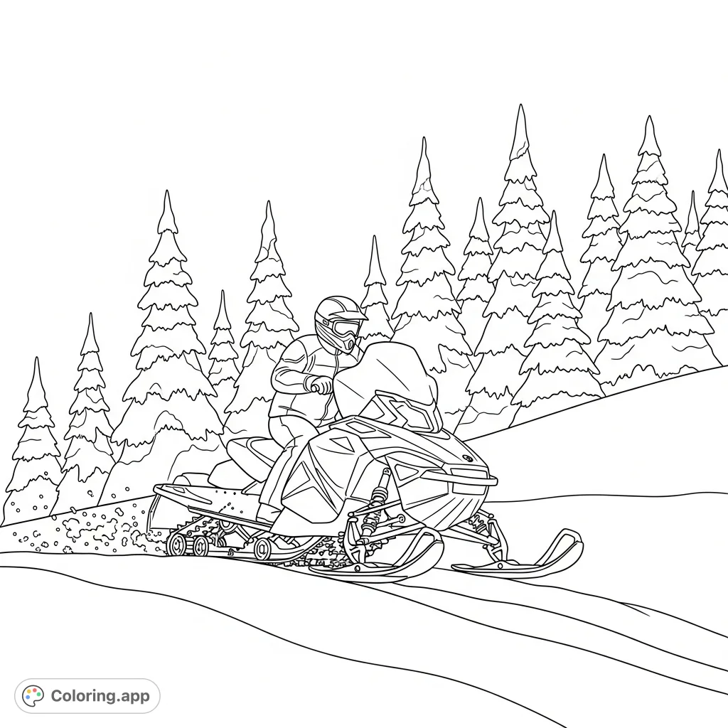 Embark on a thrilling snowmobile adventure! This coloring page features a snowmobile climbing a snowy hill amidst towering, simply shaped pine trees.