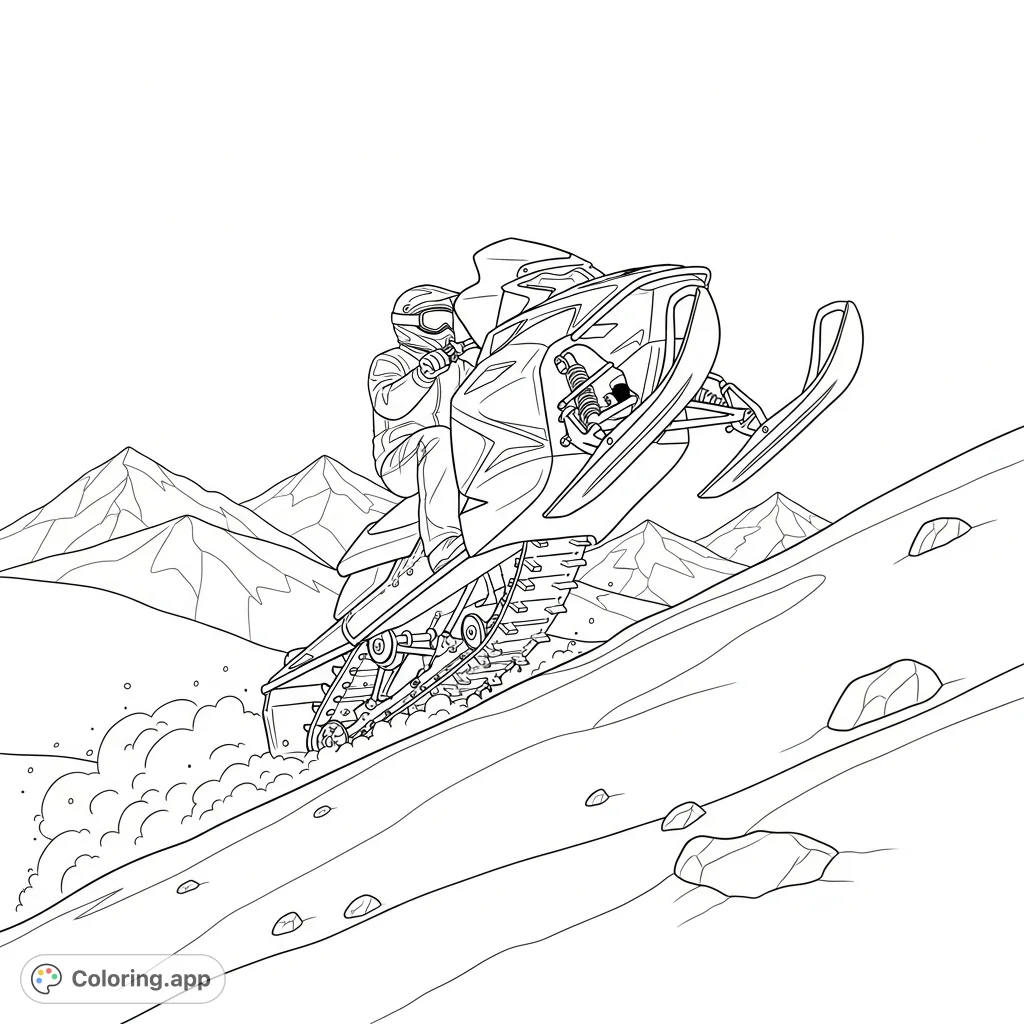 A dynamic coloring page featuring a snowmobile launching over a snow-covered ridge, with distant, majestic mountain peaks under a vast sky.