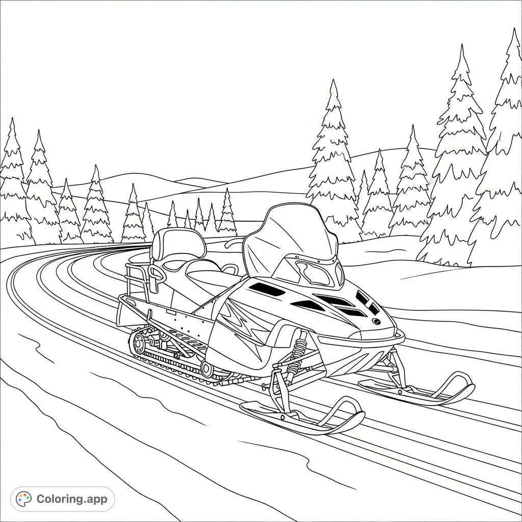 Experience the thrill of winter with this snowmobile coloring page. A sleek snowmobile glides along a groomed path, surrounded by snow-covered trees.