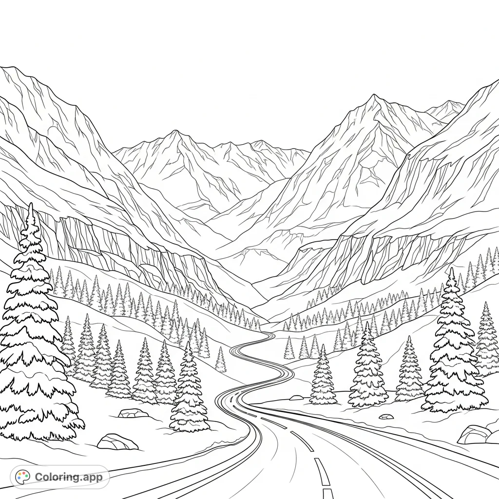 Explore a serene snowy mountain pass with a winding road and snow-covered pines. A tranquil winter landscape awaiting your creative touch.