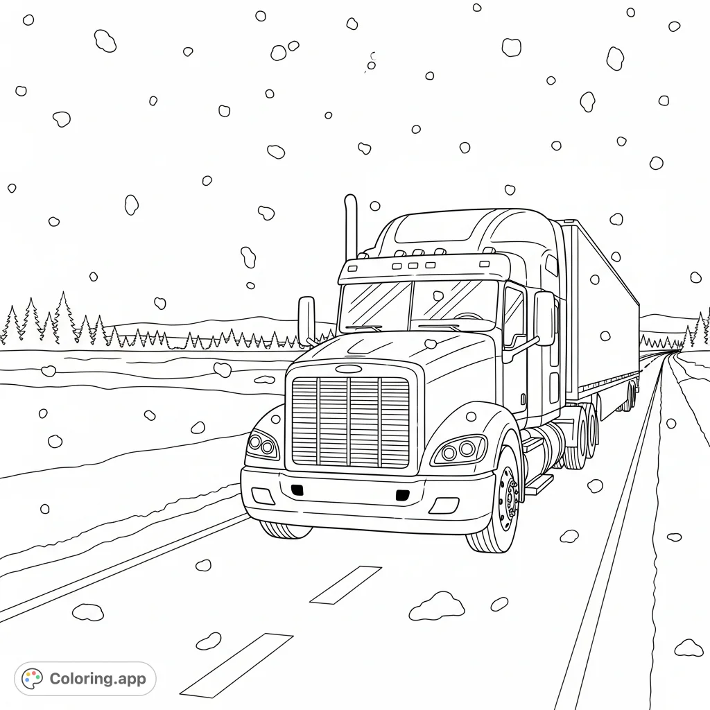 A robust semi truck navigates a snow-covered road amidst light flurries, with towering trees in the background. A winter trucking adventure ready for your creative touch.