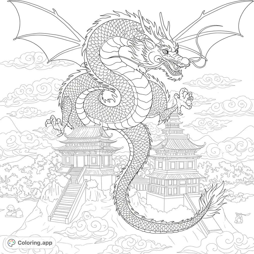 A majestic Chinese dragon soars above ancient temples and clouds. An intricate fantasy coloring page for mythical creature enthusiasts.