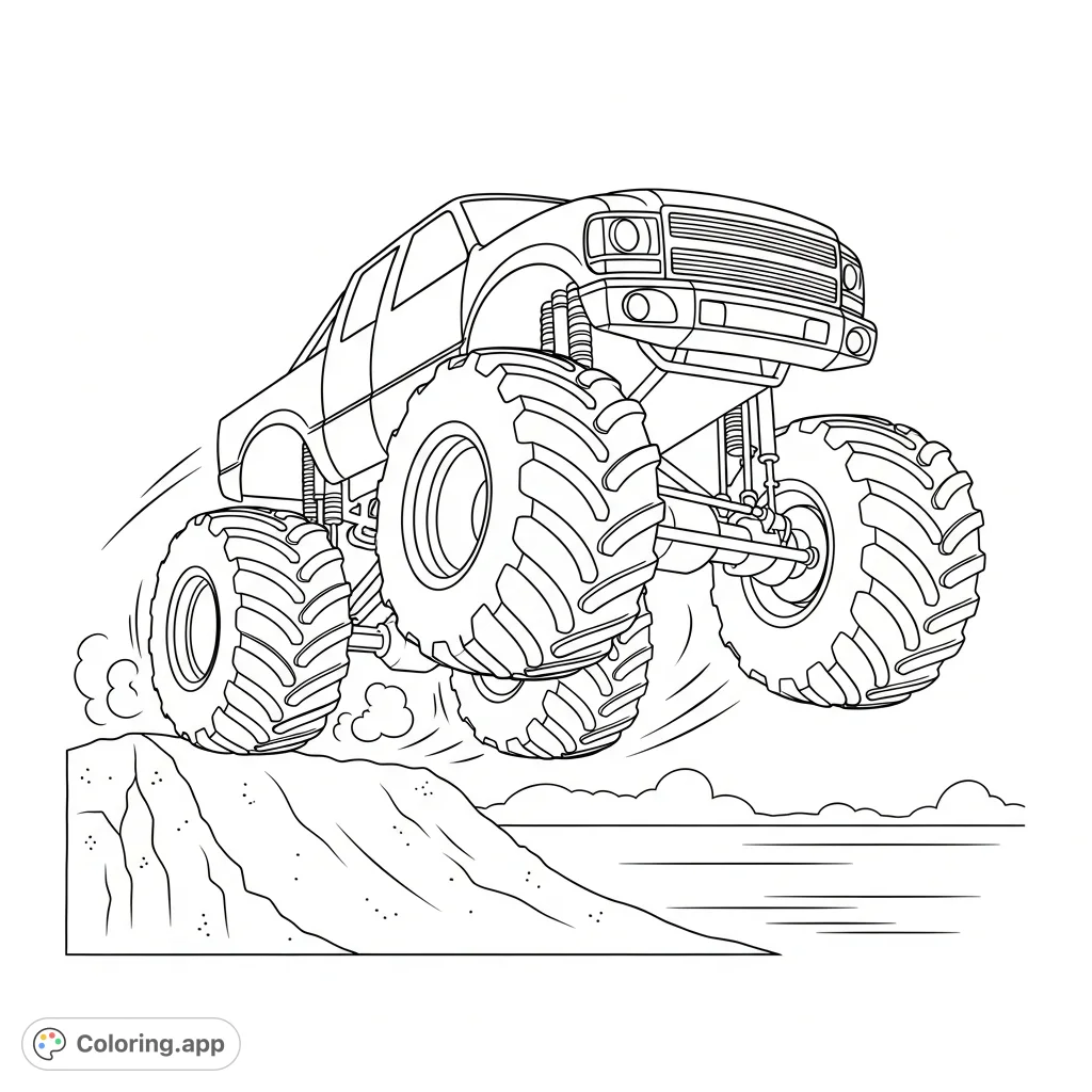 A thrilling coloring page featuring a powerful monster truck mid-air, launching off a dirt ramp with its colossal wheels fully extended and dynamic motion lines.