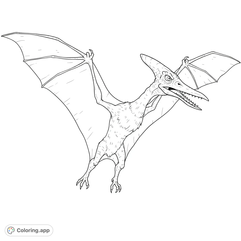 A thrilling Pterodactyl dinosaur coloring page, perfect for prehistoric adventures! Features a majestic flying reptile with detailed wings and sharp beak.