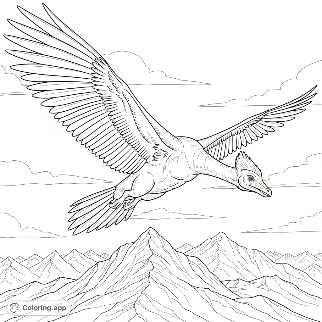 A magnificent Quetzalcoatlus with expansive, bold wings gracefully soars above a rugged, detailed mountain range, captured in a dynamic pose.