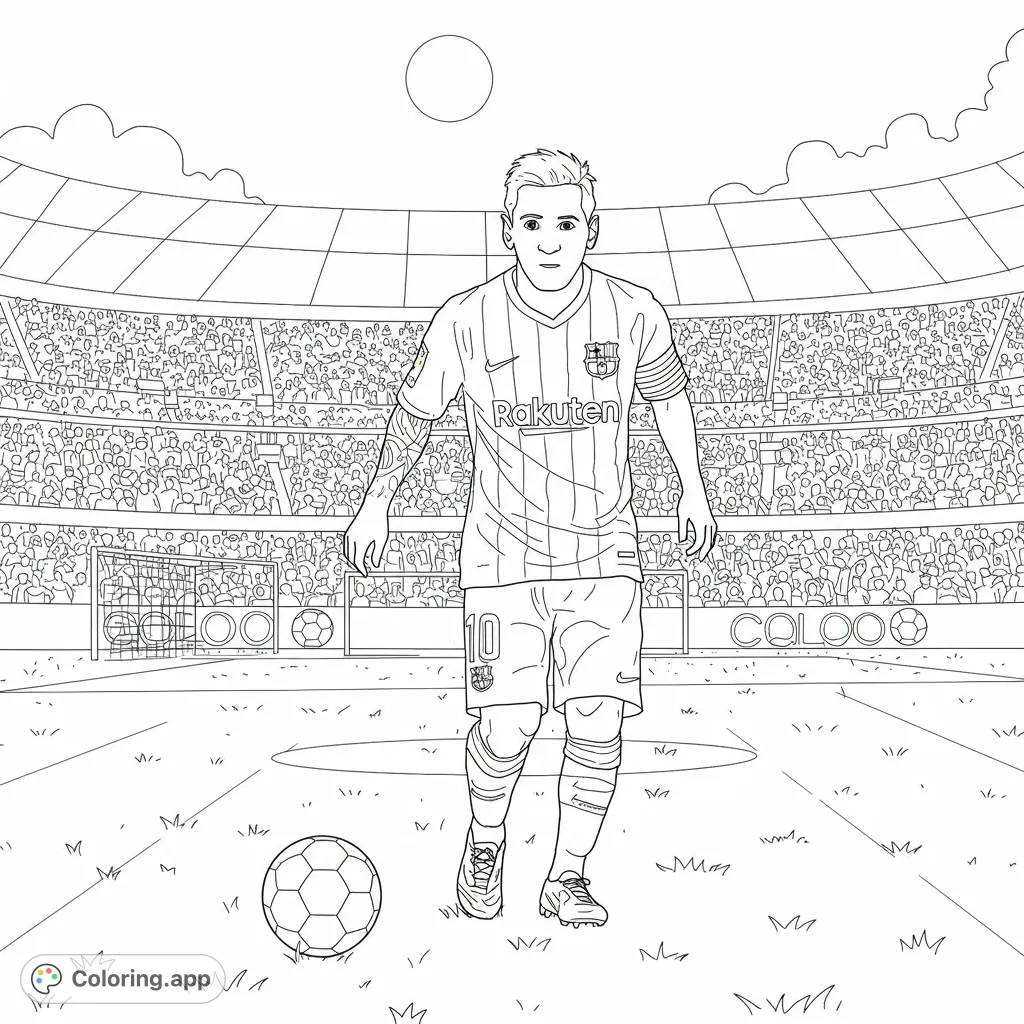Dynamic soccer player on a stadium field with a ball, surrounded by cheering fans. A detailed sports coloring page for fans of all ages.