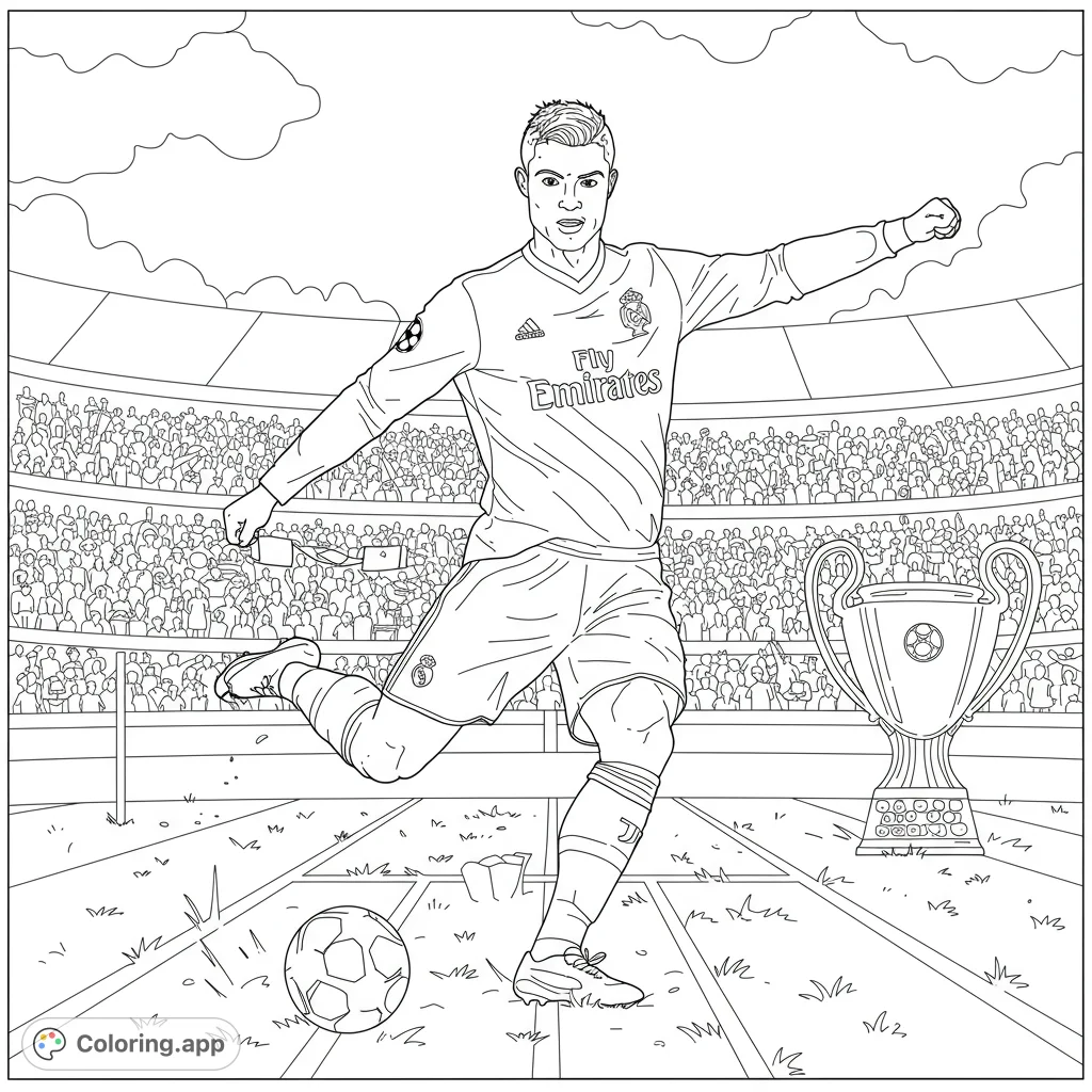 A dynamic soccer player mid-kick in a packed stadium, with a grand trophy nearby. A thrilling sports coloring page for fans.