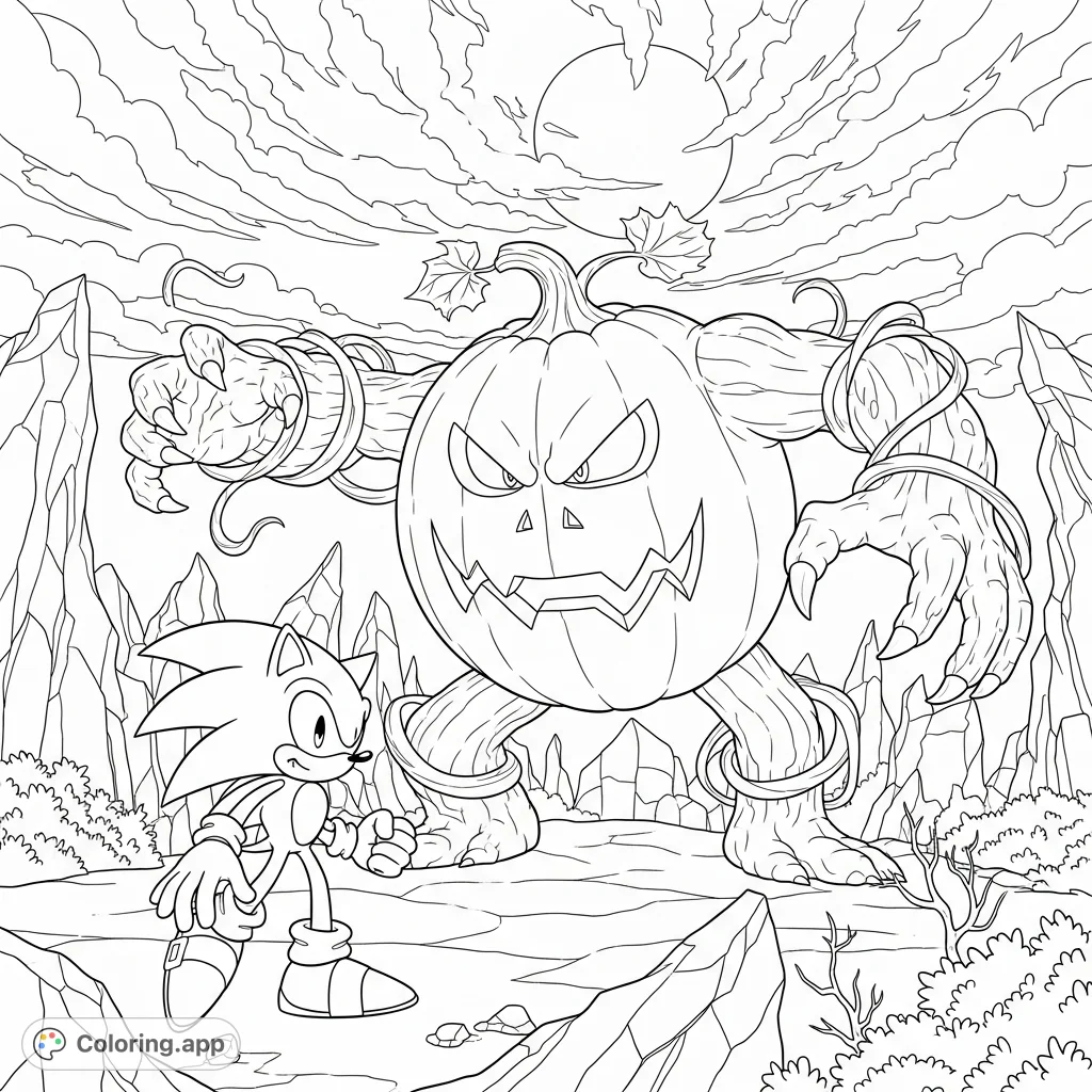 Join Sonic the Hedgehog as he confronts a monstrous pumpkin creature in a desolate, moonlit landscape. A thrilling action scene for all fans!