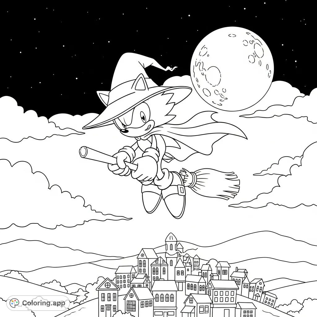 Join Sonic in a whimsical witch's hat and cape, soaring on a broomstick over a charming town under a full moon. A magical adventure awaits your colors!
